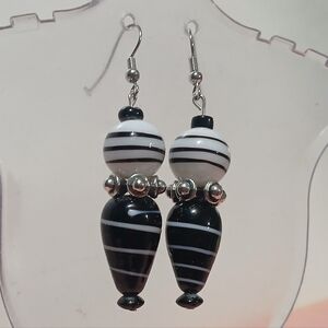 Hand Crafted Black & White Striped Glass Drop Earrings